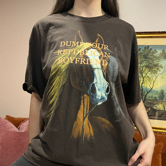 DUMP YOUR REPUBLICAN BOYFRIEND horse t-shirt with orange text (XL)