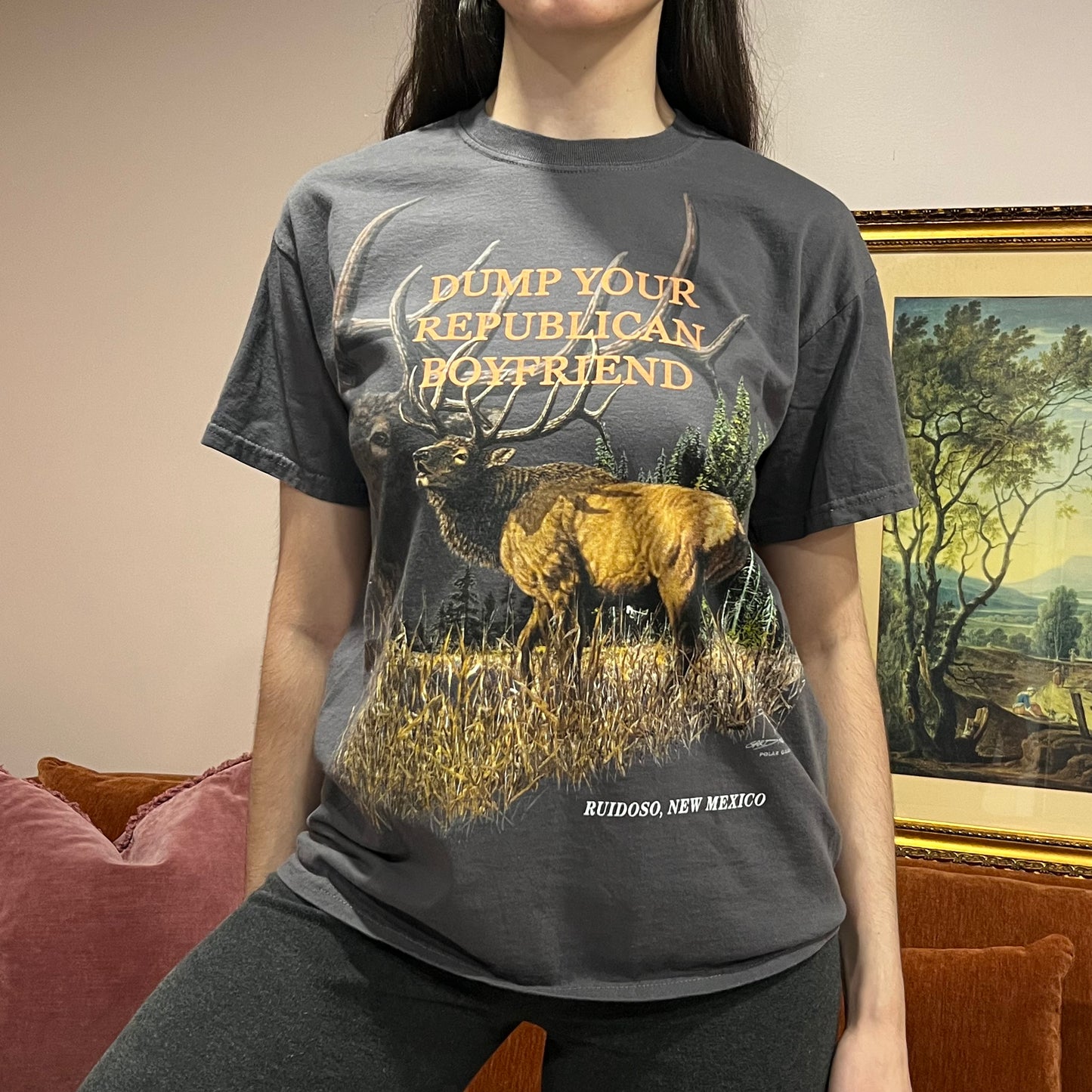 DUMP YOUR REPUBLICAN BOYFRIEND elk t-shirt with orange text (M)