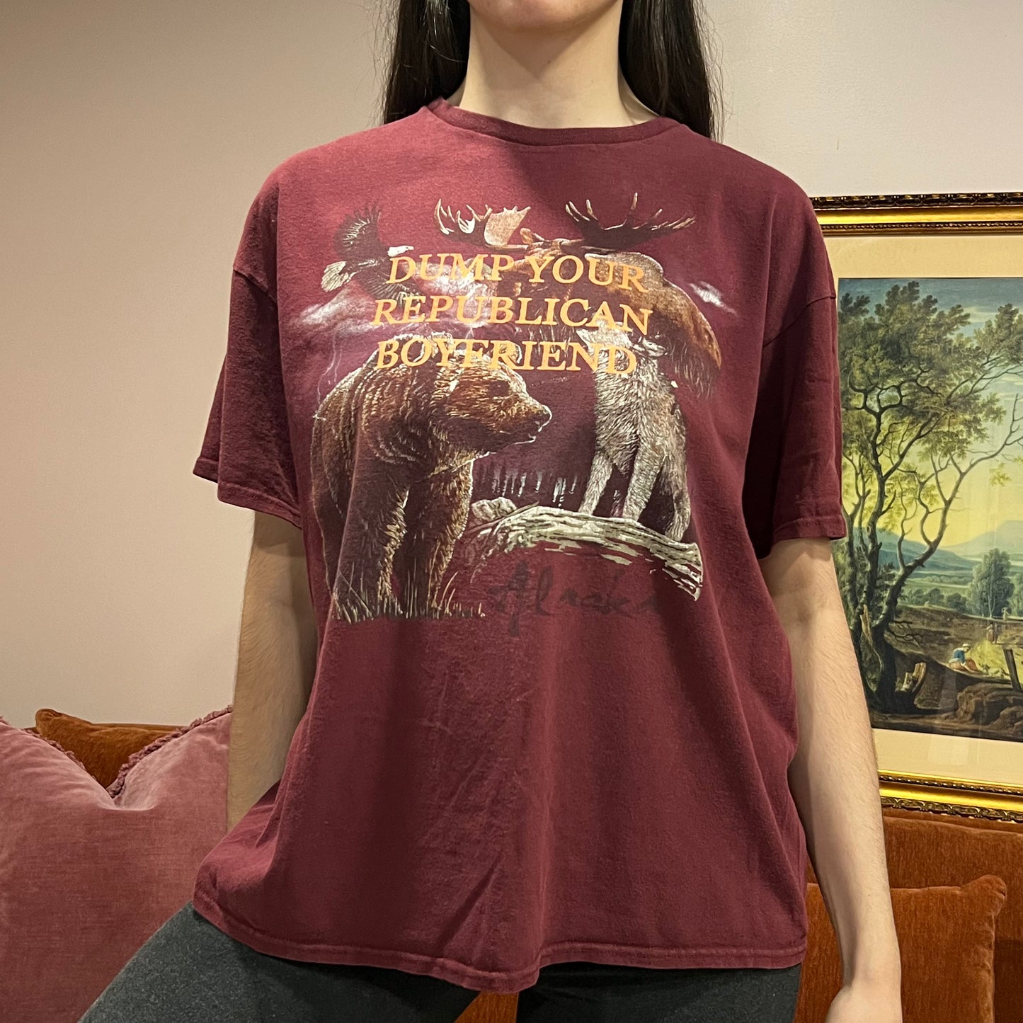 DUMP YOUR REPUBLICAN BOYFRIEND animal t-shirt with orange text (XL)