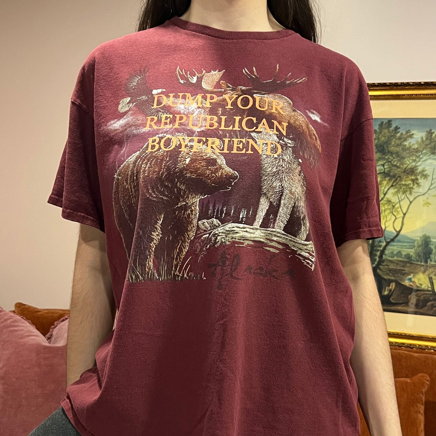 DUMP YOUR REPUBLICAN BOYFRIEND animal t-shirt with orange text (XL)