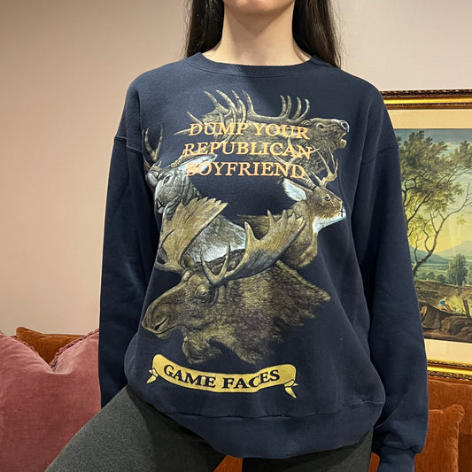 DUMP YOUR REPUBLICAN BOYFRIEND deer crewneck with orange text (L)