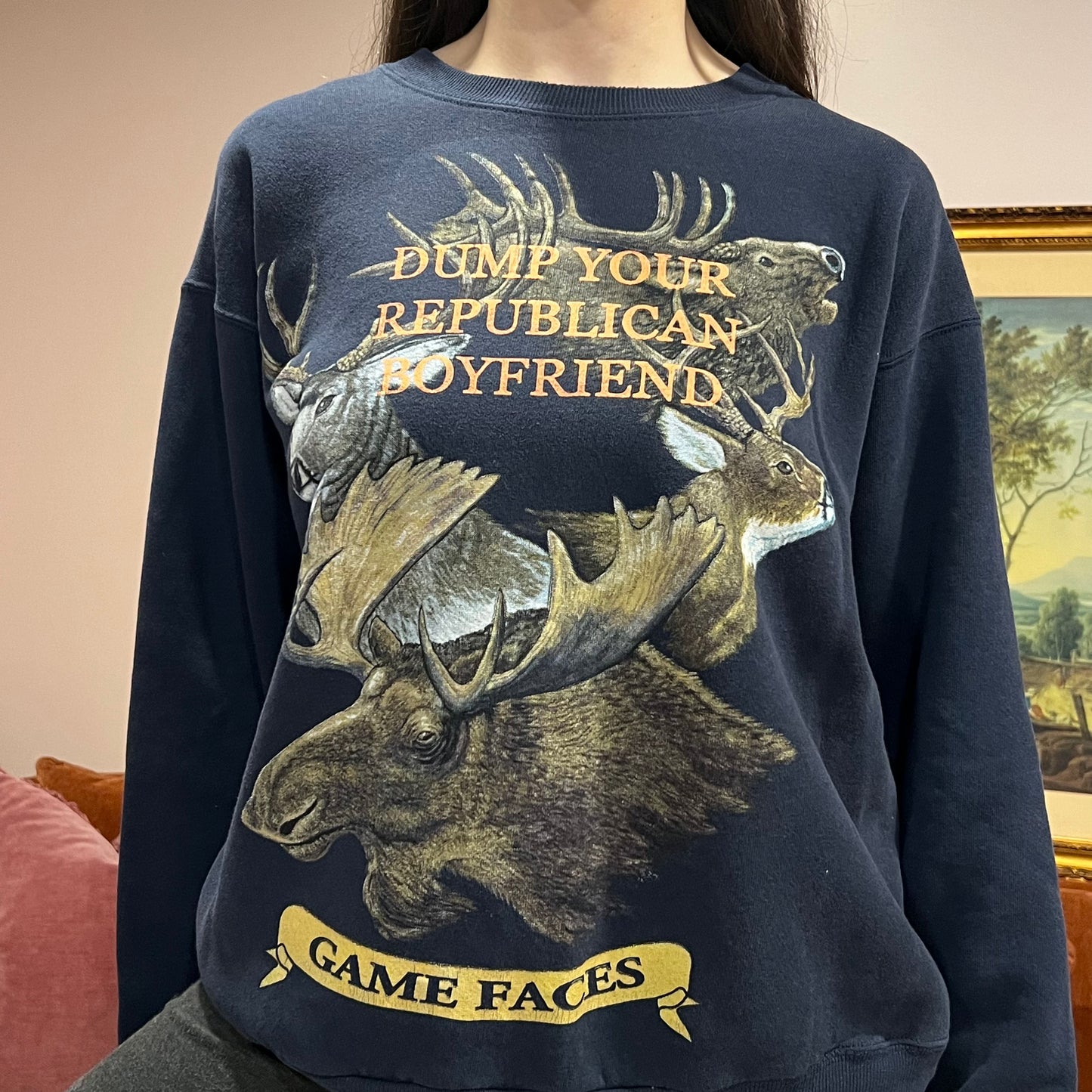 DUMP YOUR REPUBLICAN BOYFRIEND deer crewneck with orange text (L)