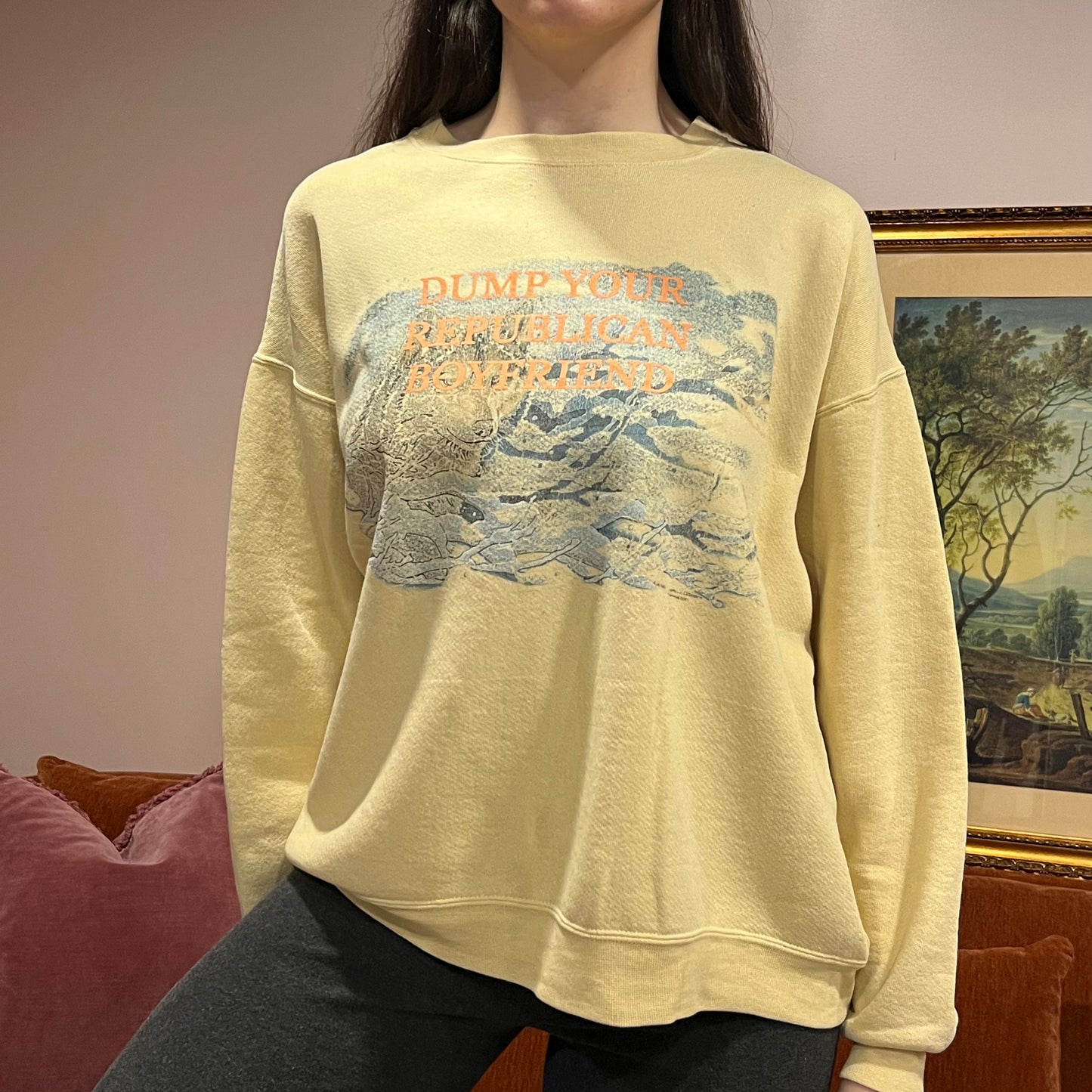 DUMP YOUR REPUBLICAN BOYFRIEND wolf crewneck with orange text (L)