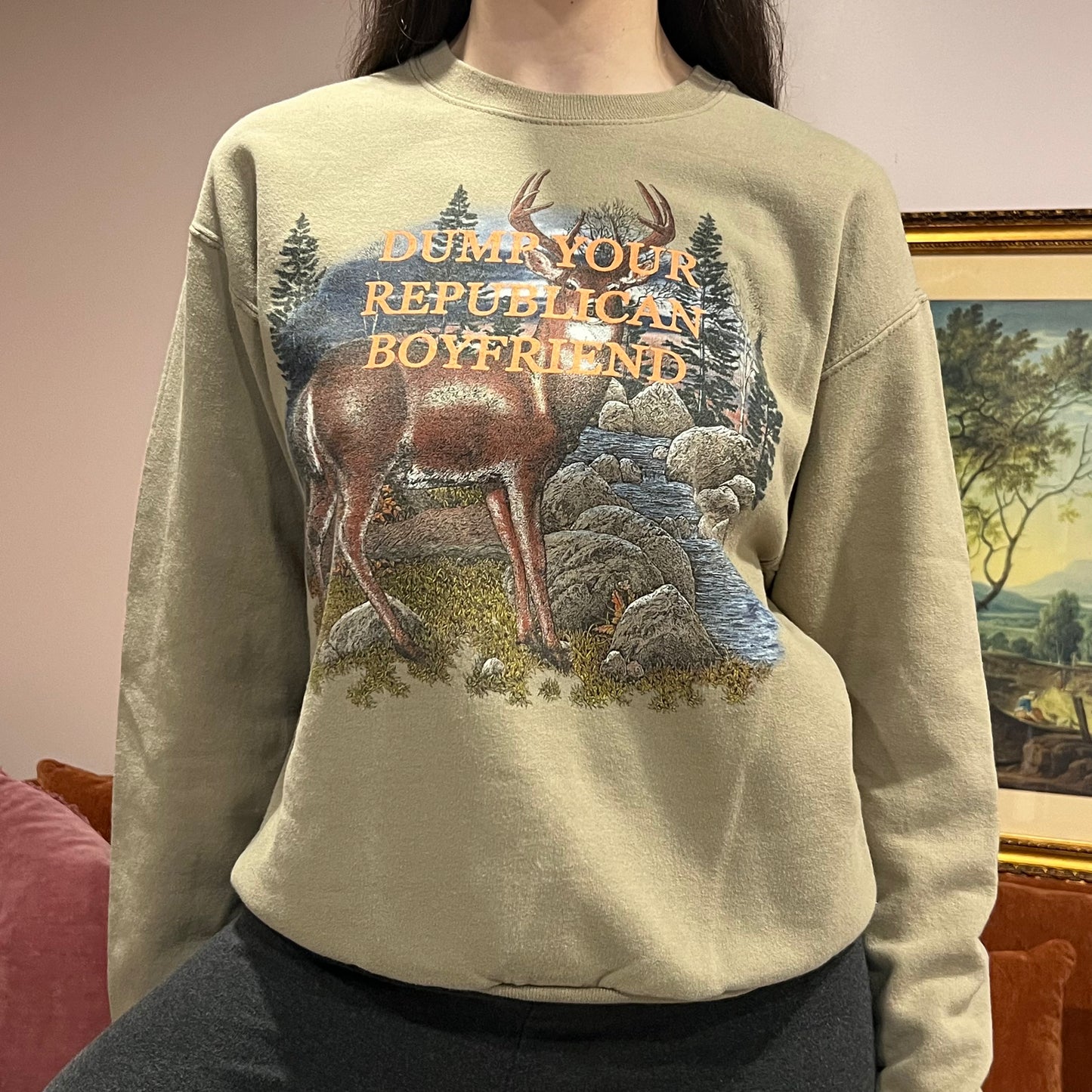 DUMP YOUR REPUBLICAN BOYFRIEND deer crewneck with orange text (M)