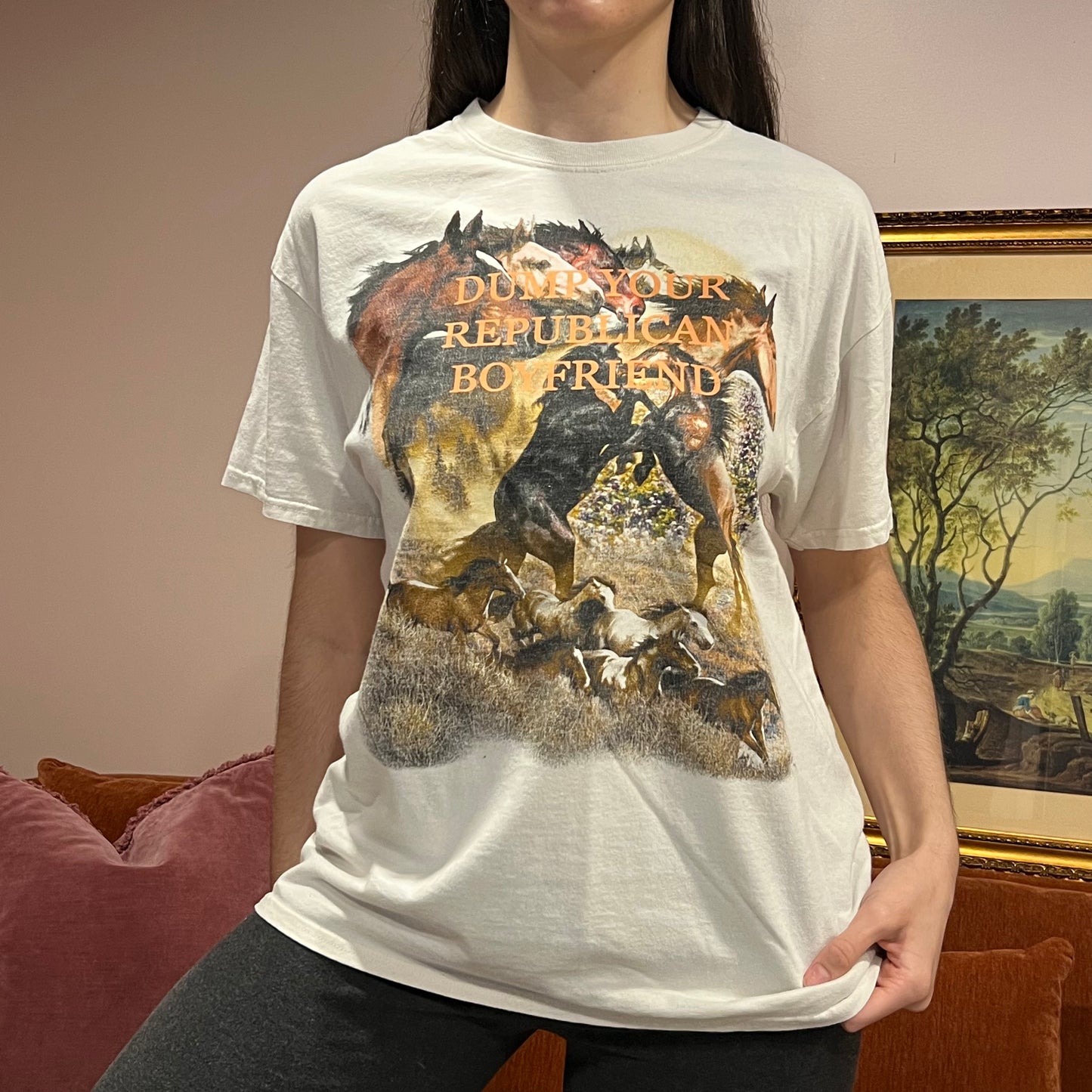 DUMP YOUR REPUBLICAN BOYFRIEND horse t-shirt with orange text (L)