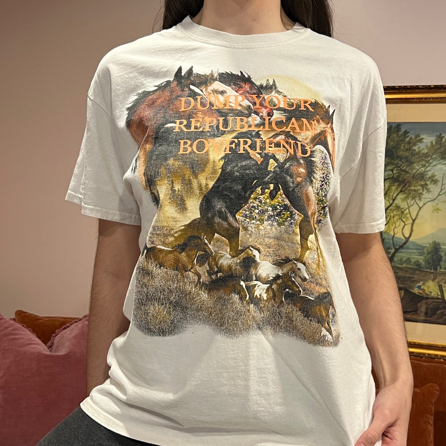DUMP YOUR REPUBLICAN BOYFRIEND horse t-shirt with orange text (L)