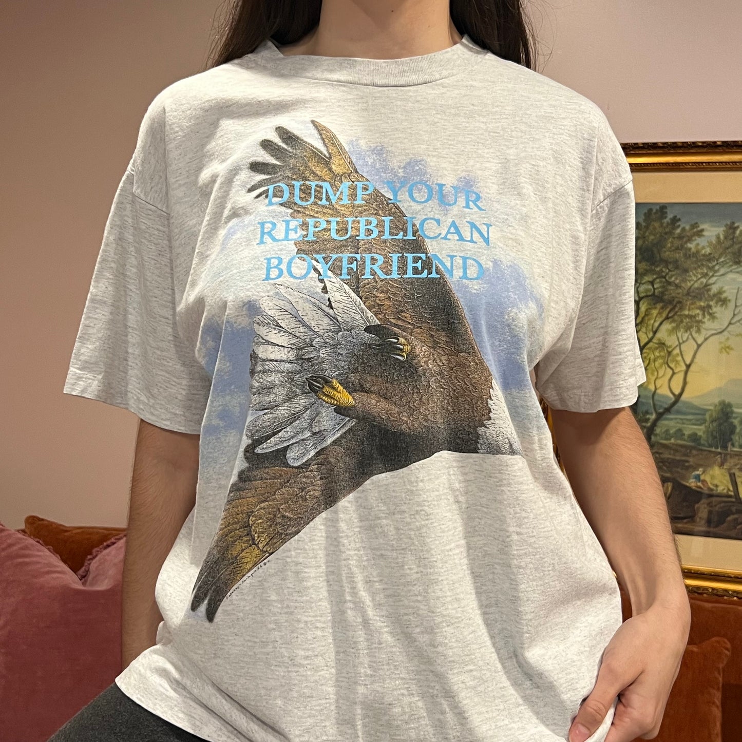 DUMP YOUR REPUBLICAN BOYFRIEND eagle t-shirt with blue text (XL)