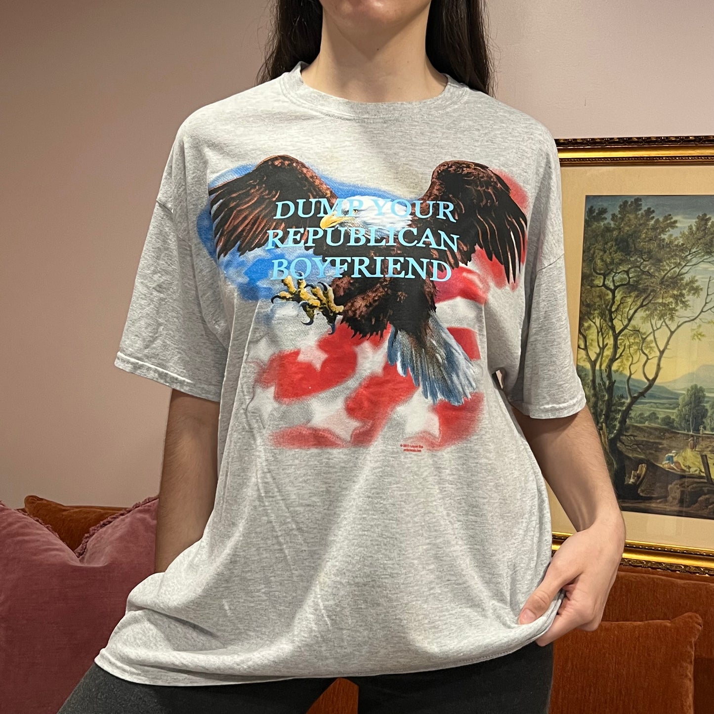DUMP YOUR REPUBLICAN BOYFRIEND eagle t-shirt with blue text (XL)