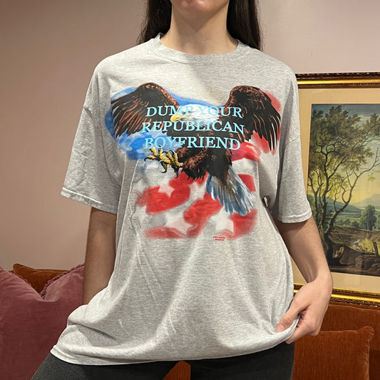 DUMP YOUR REPUBLICAN BOYFRIEND eagle t-shirt with blue text (XL)