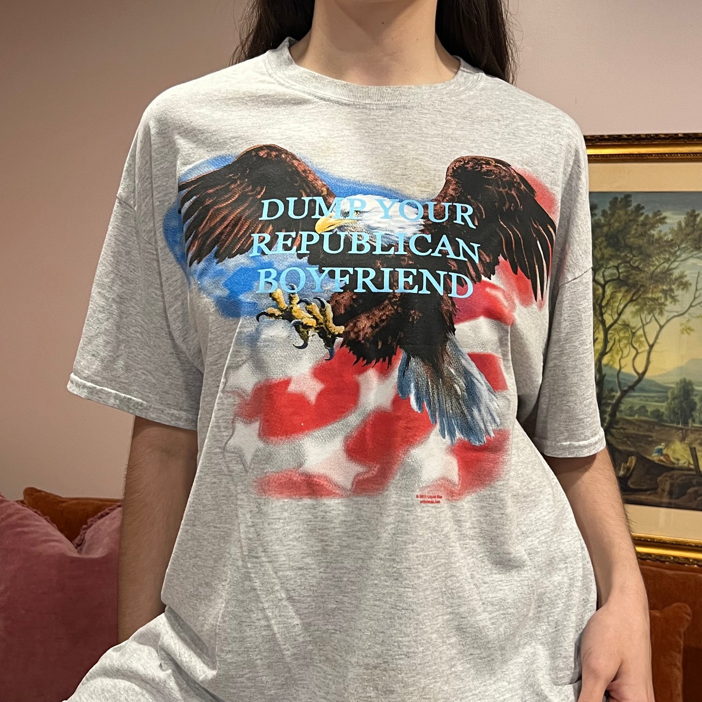 DUMP YOUR REPUBLICAN BOYFRIEND eagle t-shirt with blue text (XL)