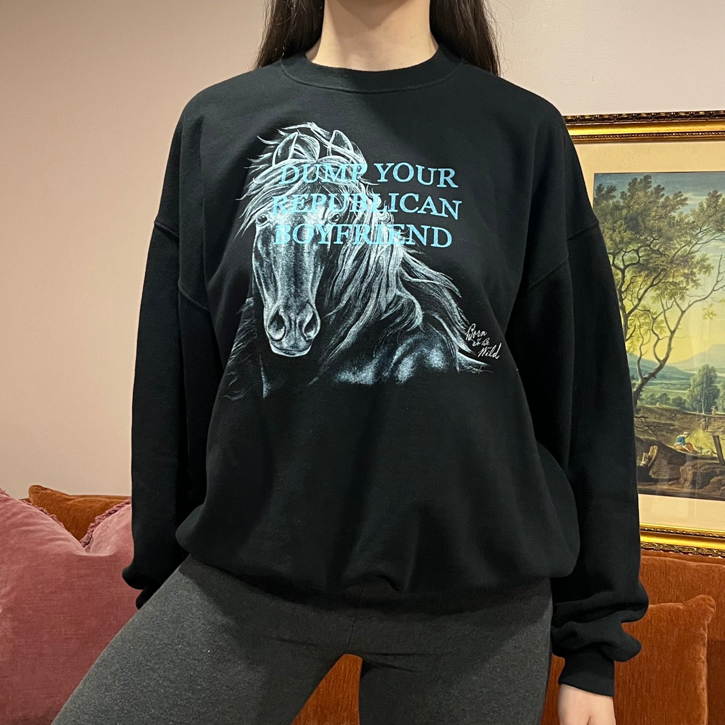 DUMP YOUR REPUBLICAN BOYFRIEND horse crewneck with blue text (XL)