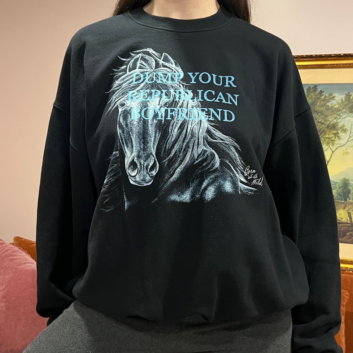 DUMP YOUR REPUBLICAN BOYFRIEND horse crewneck with blue text (XL)