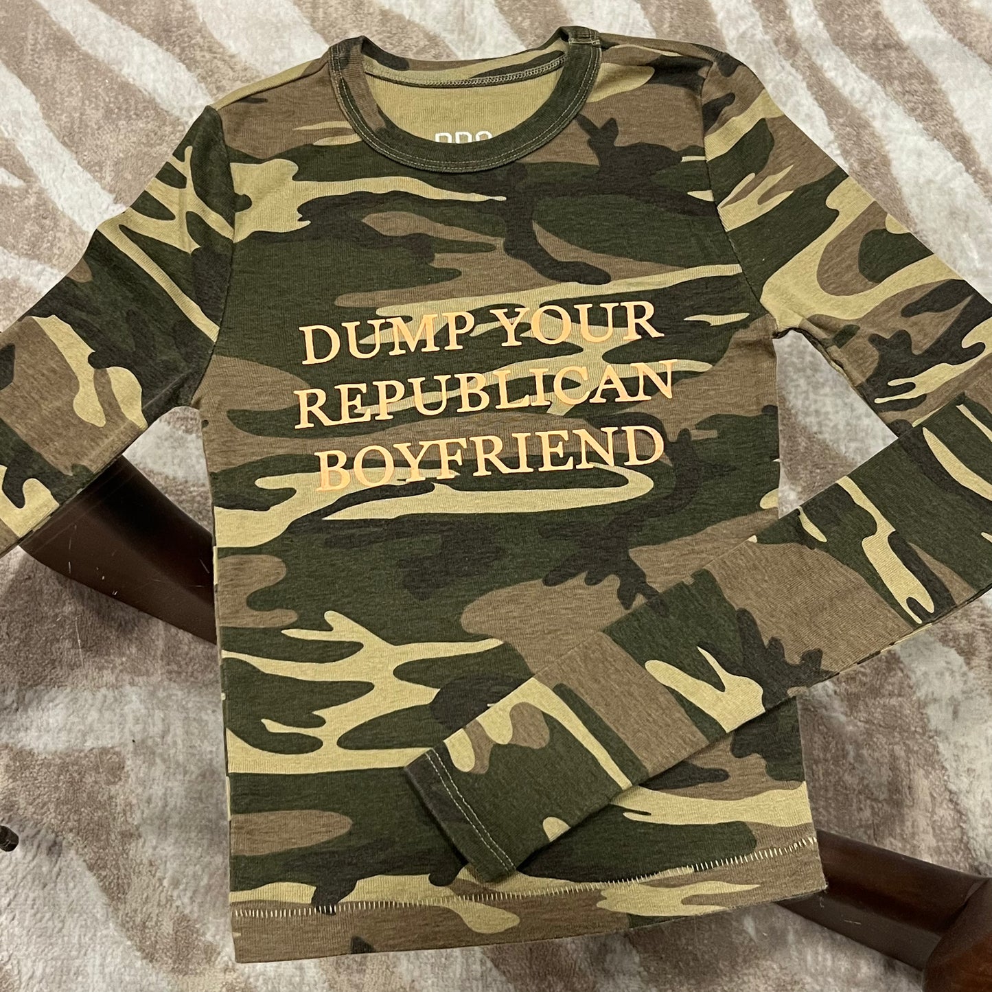 DUMP YOUR REPUBLICAN BOYFRIEND camo long sleeve t-shirt with orange text (S)