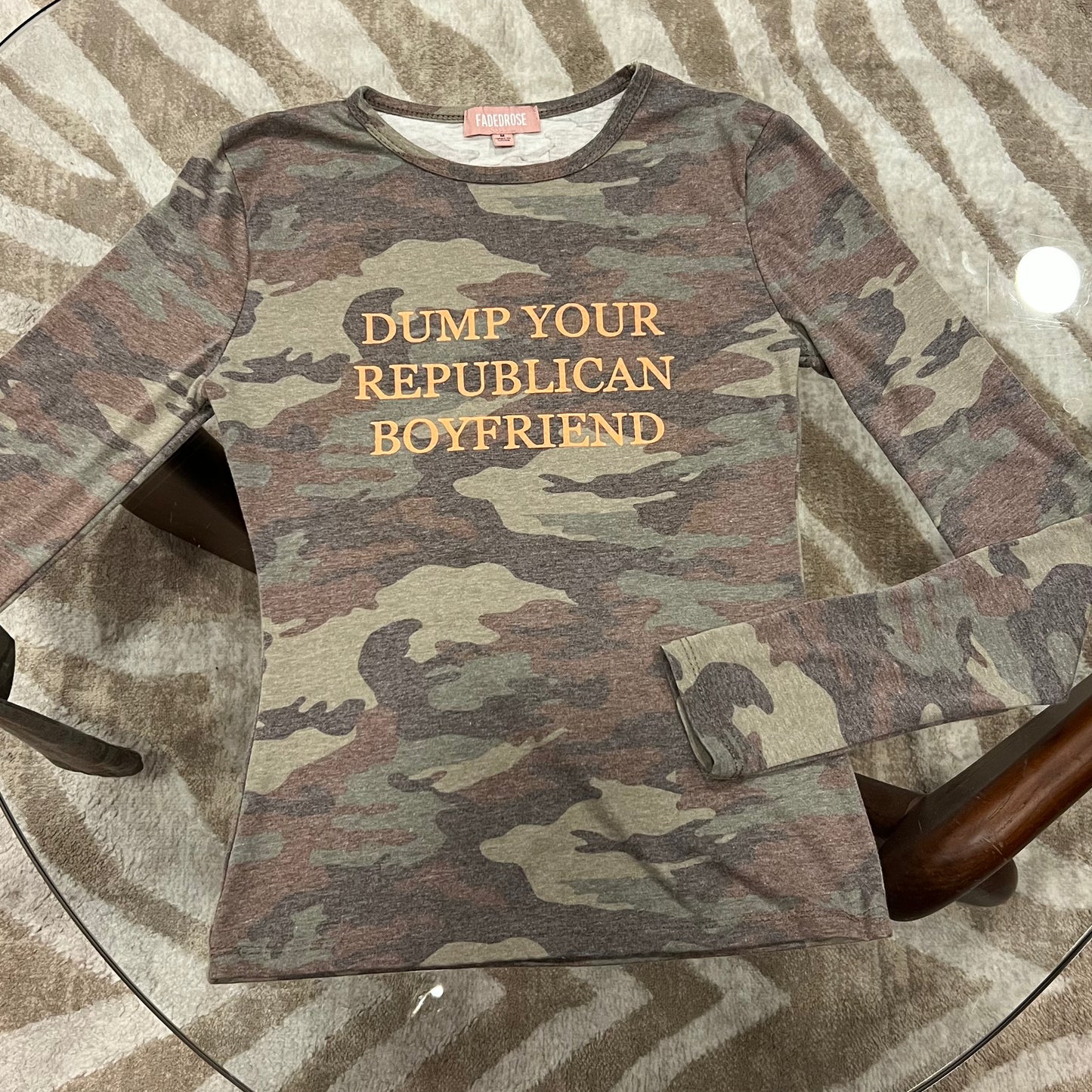 DUMP YOUR REPUBLICAN BOYFRIEND camo long sleeve t-shirt with orange text (M)