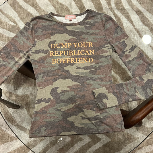 DUMP YOUR REPUBLICAN BOYFRIEND camo long sleeve t-shirt with orange text (M)