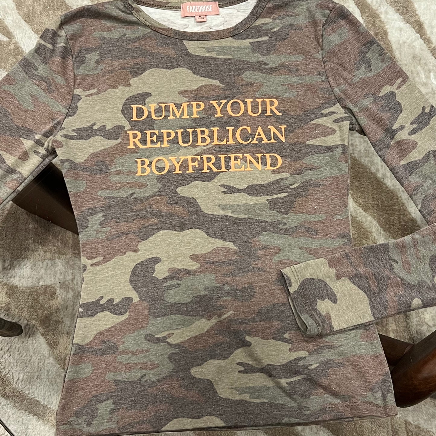 DUMP YOUR REPUBLICAN BOYFRIEND camo long sleeve t-shirt with orange text (M)