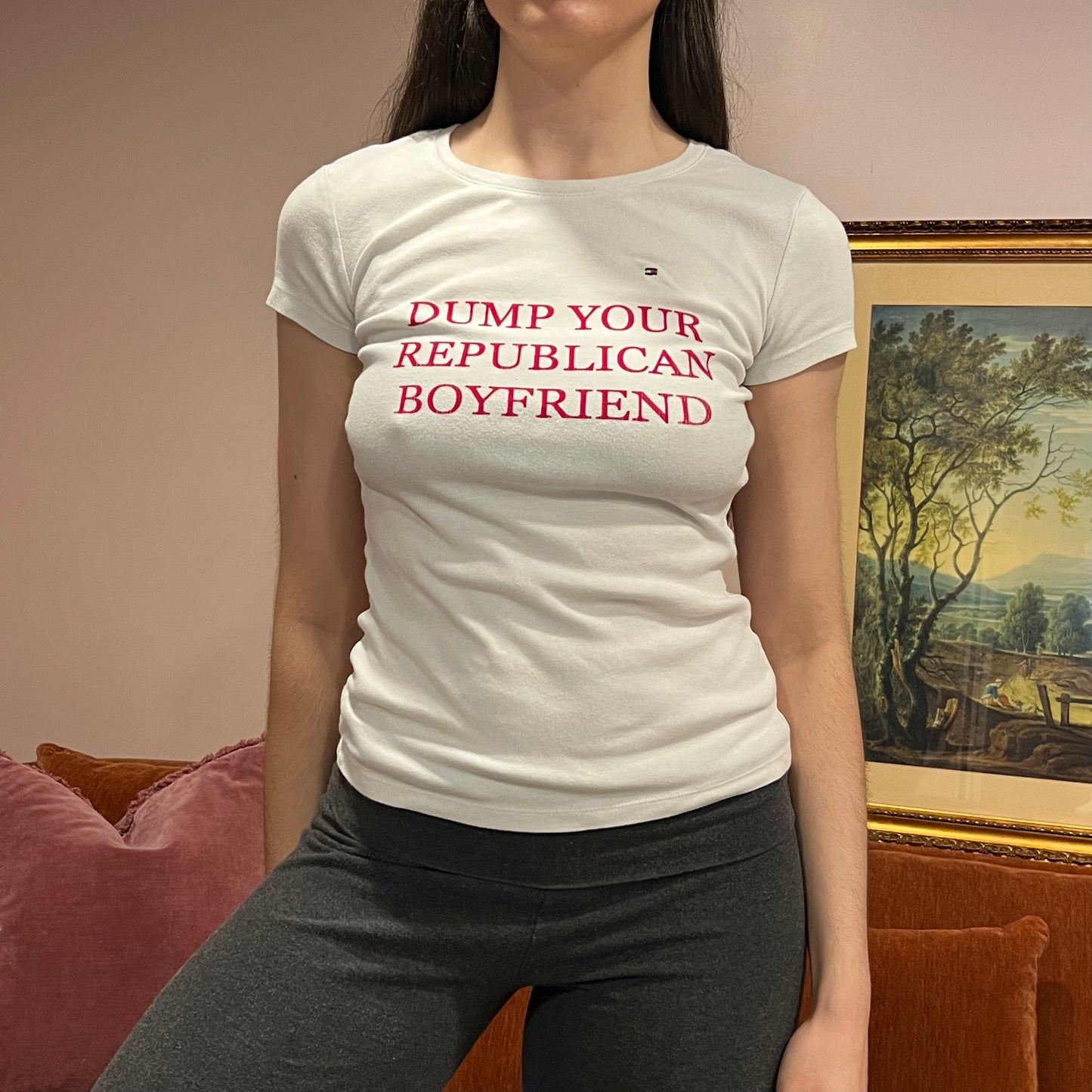 DUMP YOUR REPUBLICAN BOYFRIEND white t-shirt with red text (S)