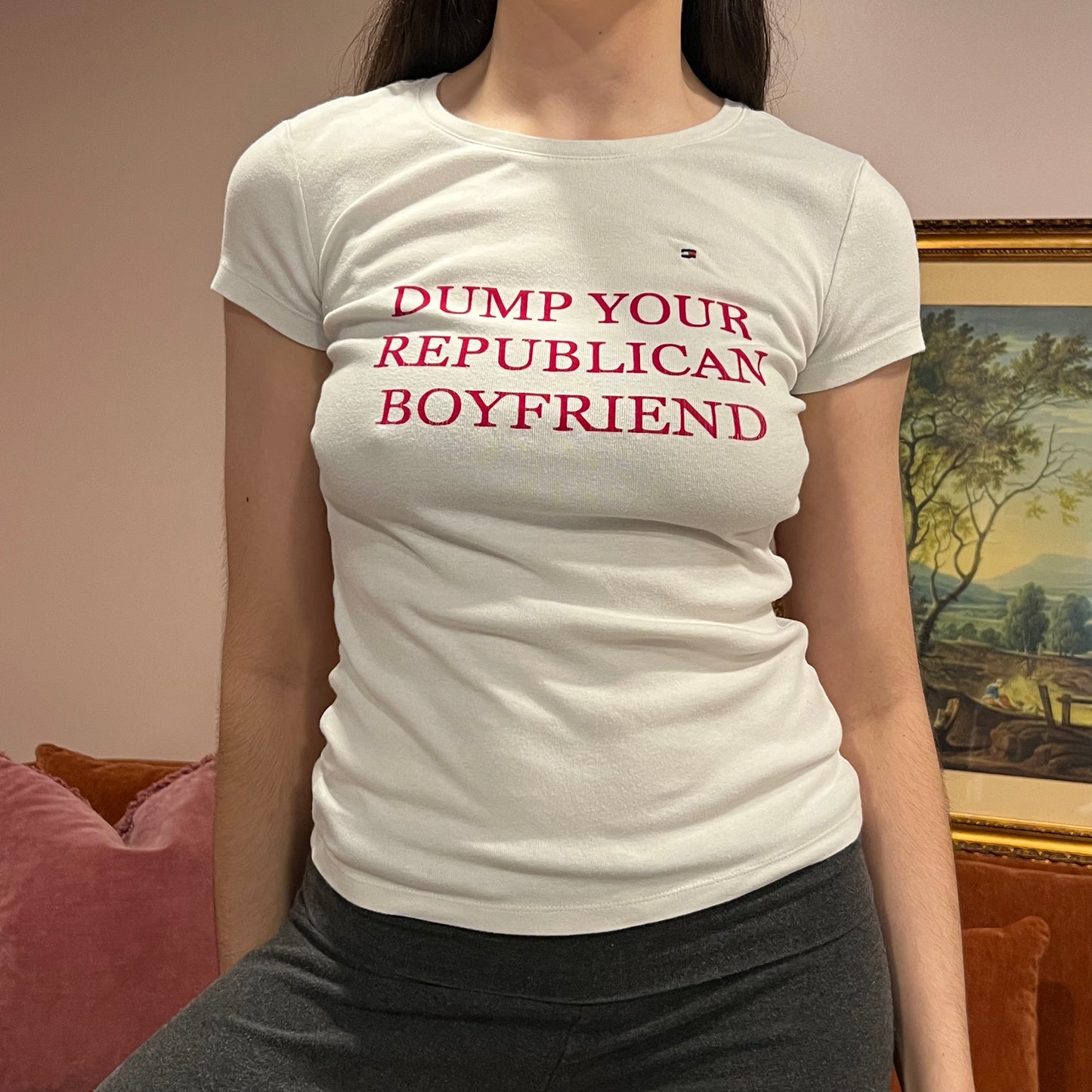 DUMP YOUR REPUBLICAN BOYFRIEND white t-shirt with red text (S)
