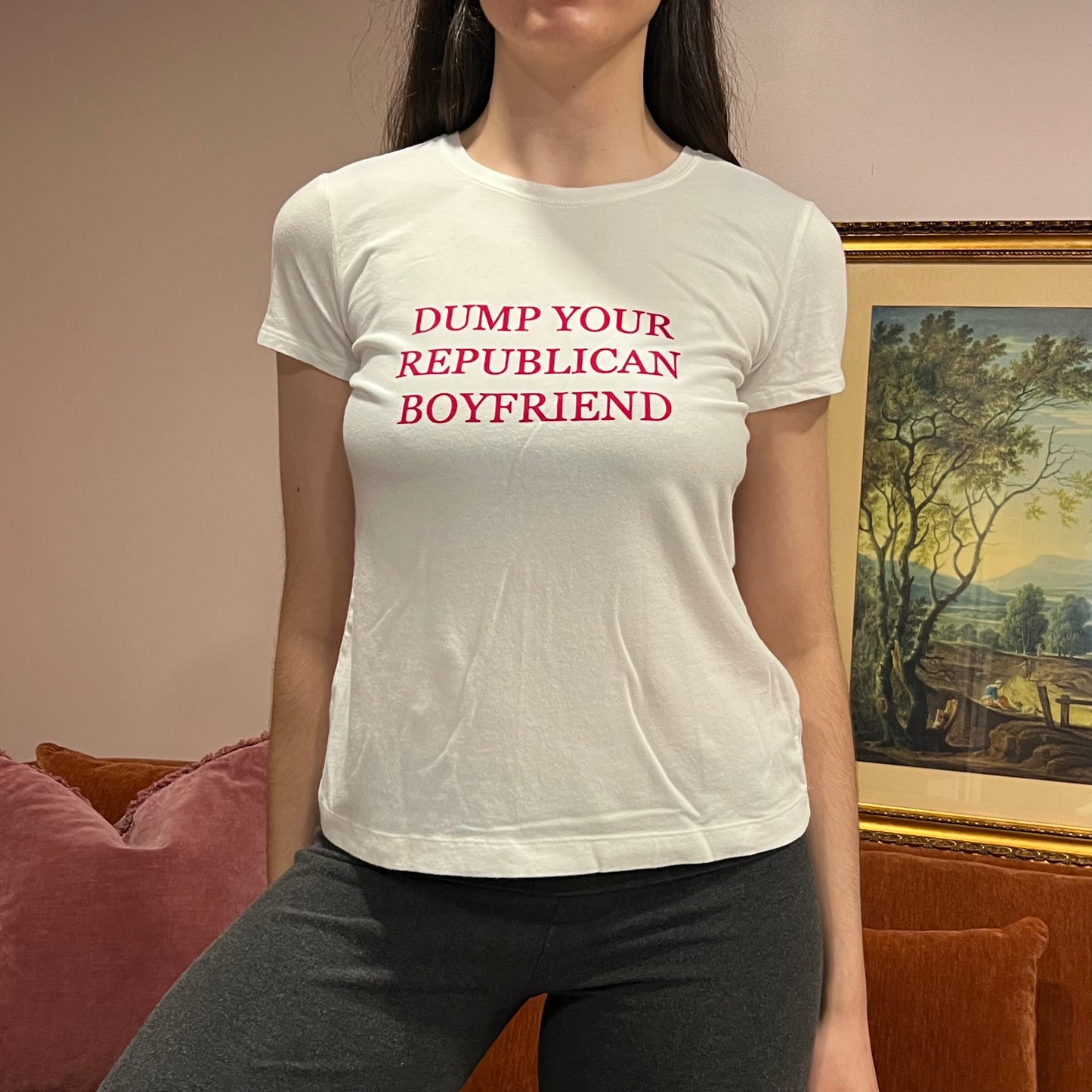 DUMP YOUR REPUBLICAN BOYFRIEND white t-shirt with red text (S)