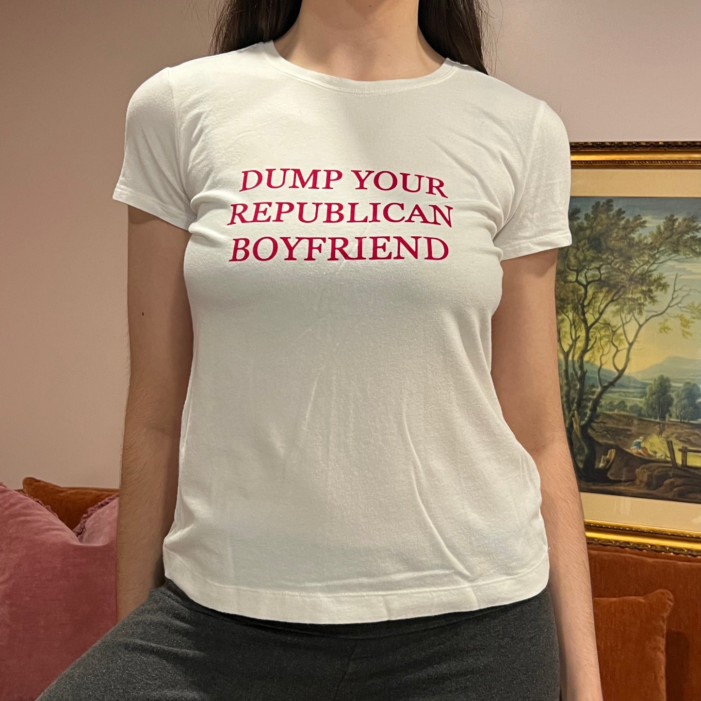 DUMP YOUR REPUBLICAN BOYFRIEND white t-shirt with red text (S)