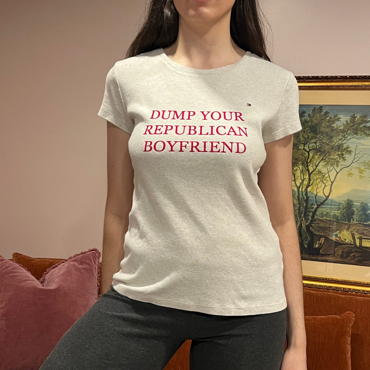 DUMP YOUR REPUBLICAN BOYFRIEND white t-shirt with red text (L)