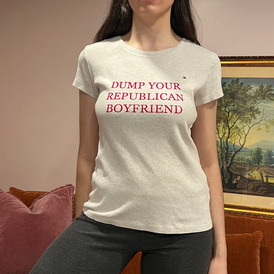 DUMP YOUR REPUBLICAN BOYFRIEND white t-shirt with red text (L)