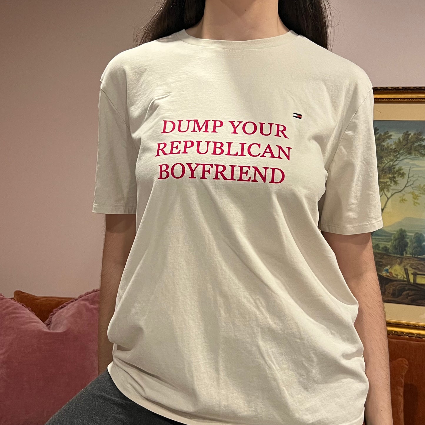 DUMP YOUR REPUBLICAN BOYFRIEND white t-shirt with red text (L)