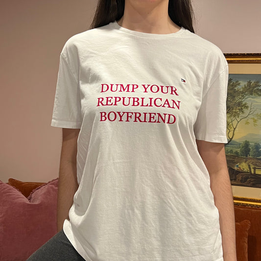 DUMP YOUR REPUBLICAN BOYFRIEND white t-shirt with red text (L)