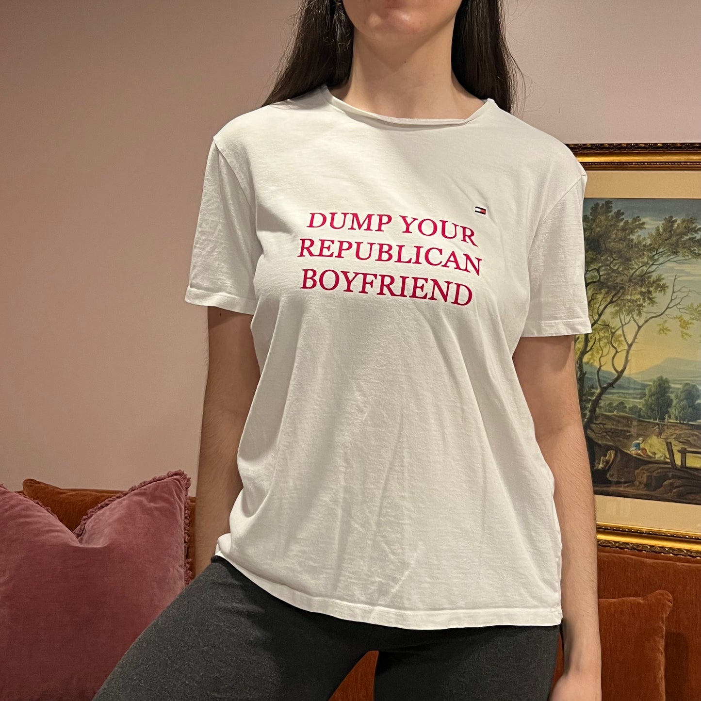 DUMP YOUR REPUBLICAN BOYFRIEND white t-shirt with red text (M)