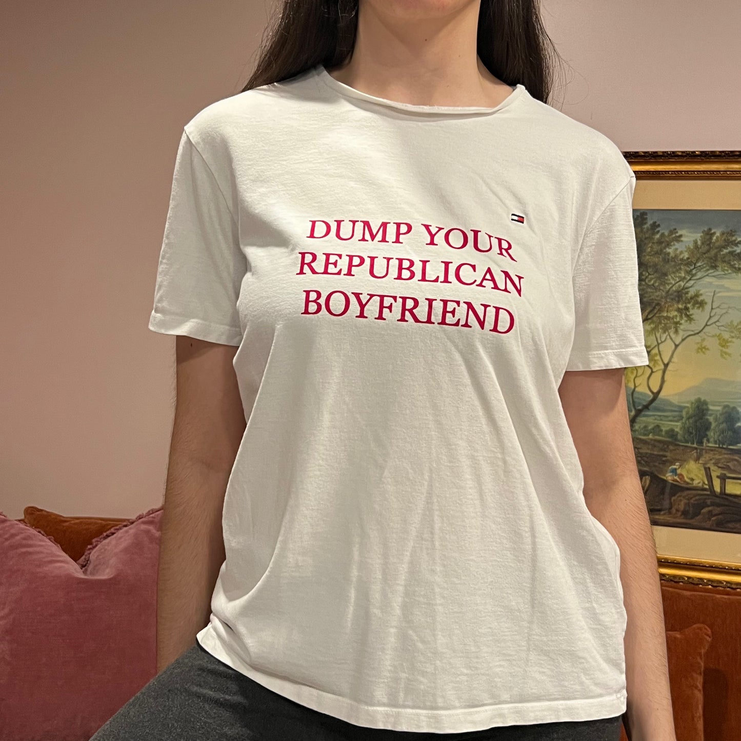 DUMP YOUR REPUBLICAN BOYFRIEND white t-shirt with red text (M)