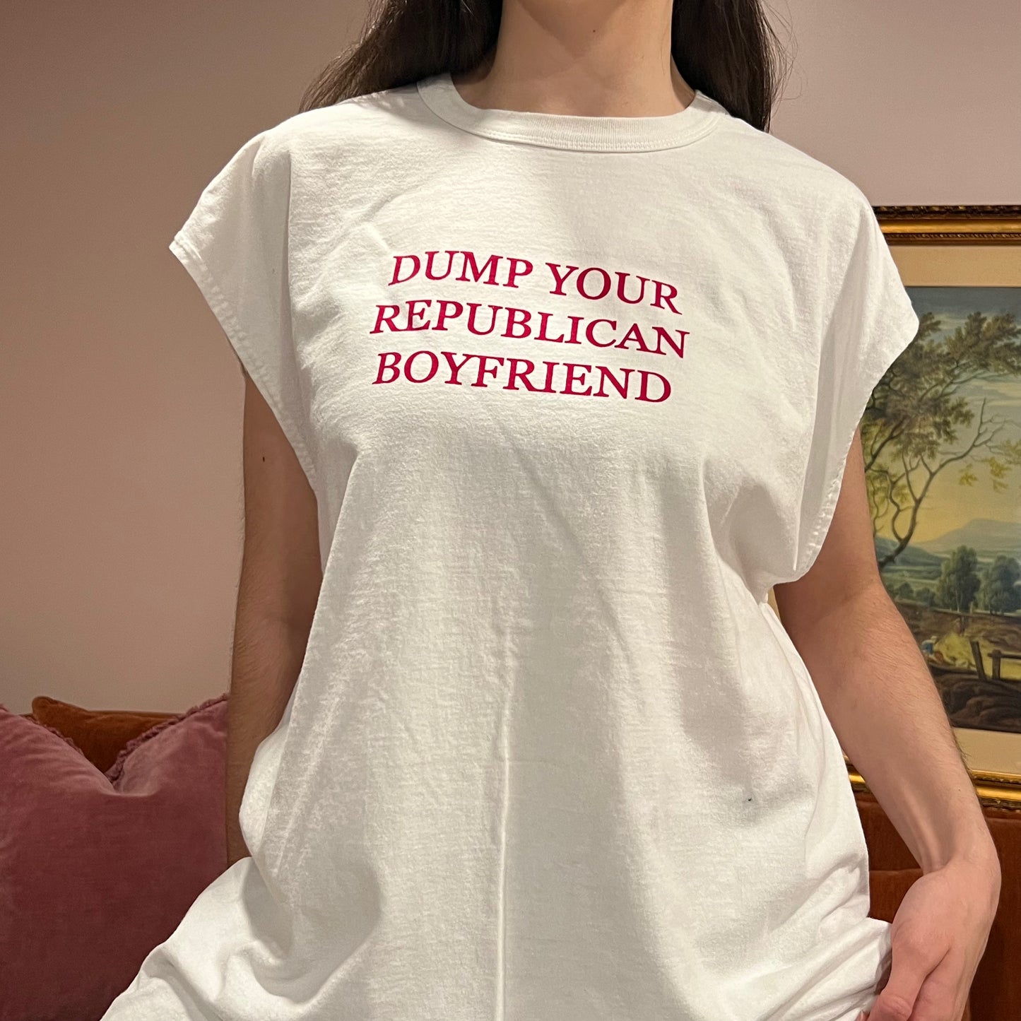 DUMP YOUR REPUBLICAN BOYFRIEND white t-shirt with red text (2XL)
