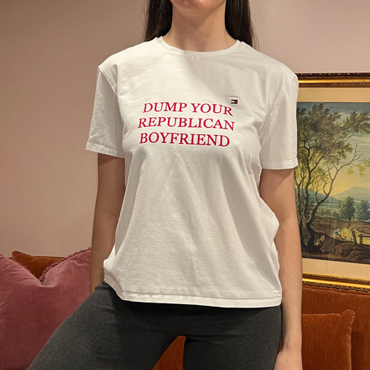 DUMP YOUR REPUBLICAN BOYFRIEND white t-shirt with red text (L)