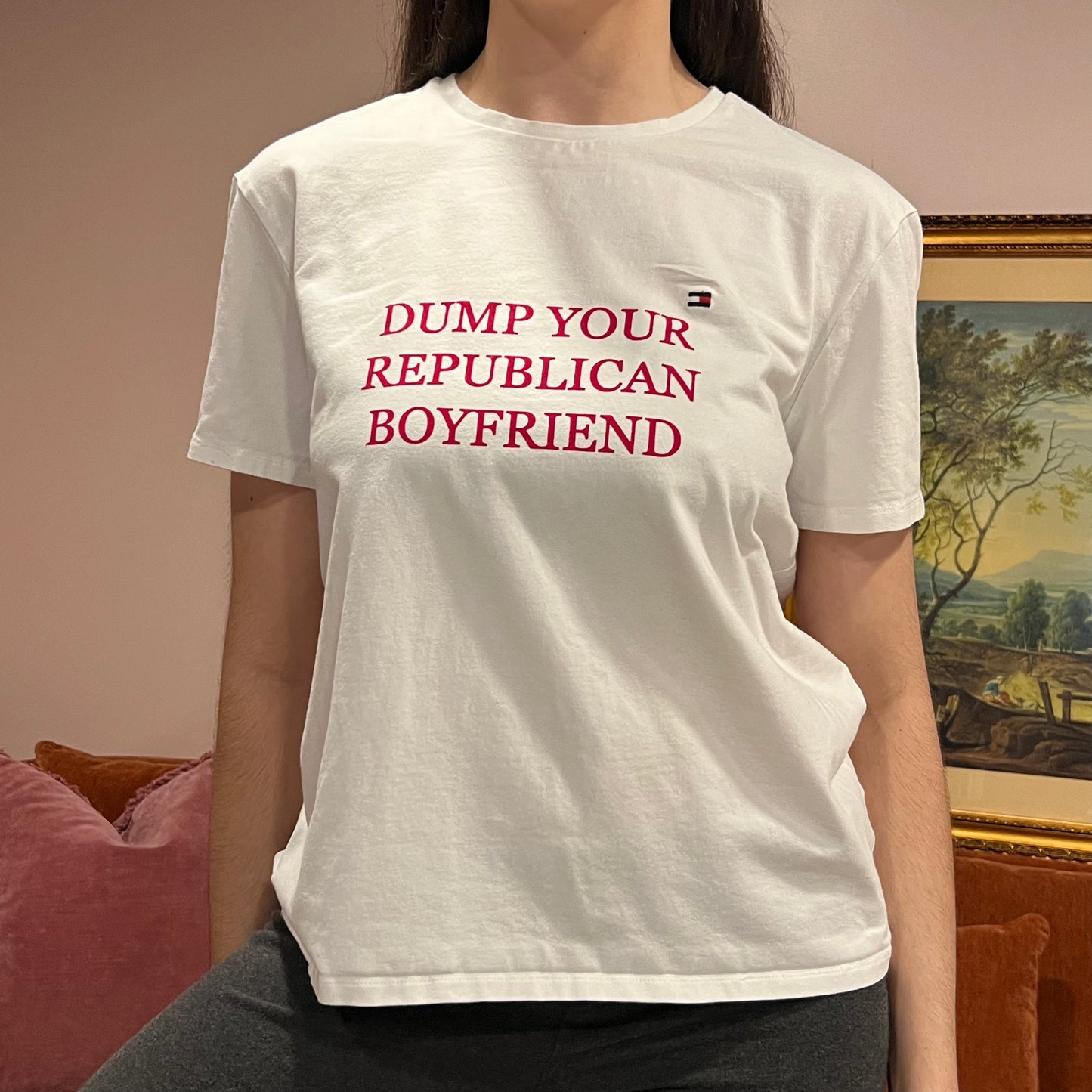 DUMP YOUR REPUBLICAN BOYFRIEND white t-shirt with red text (L)
