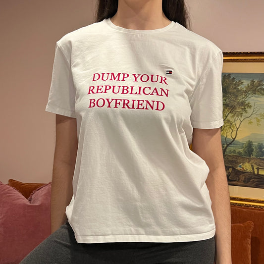 DUMP YOUR REPUBLICAN BOYFRIEND white t-shirt with red text (L)