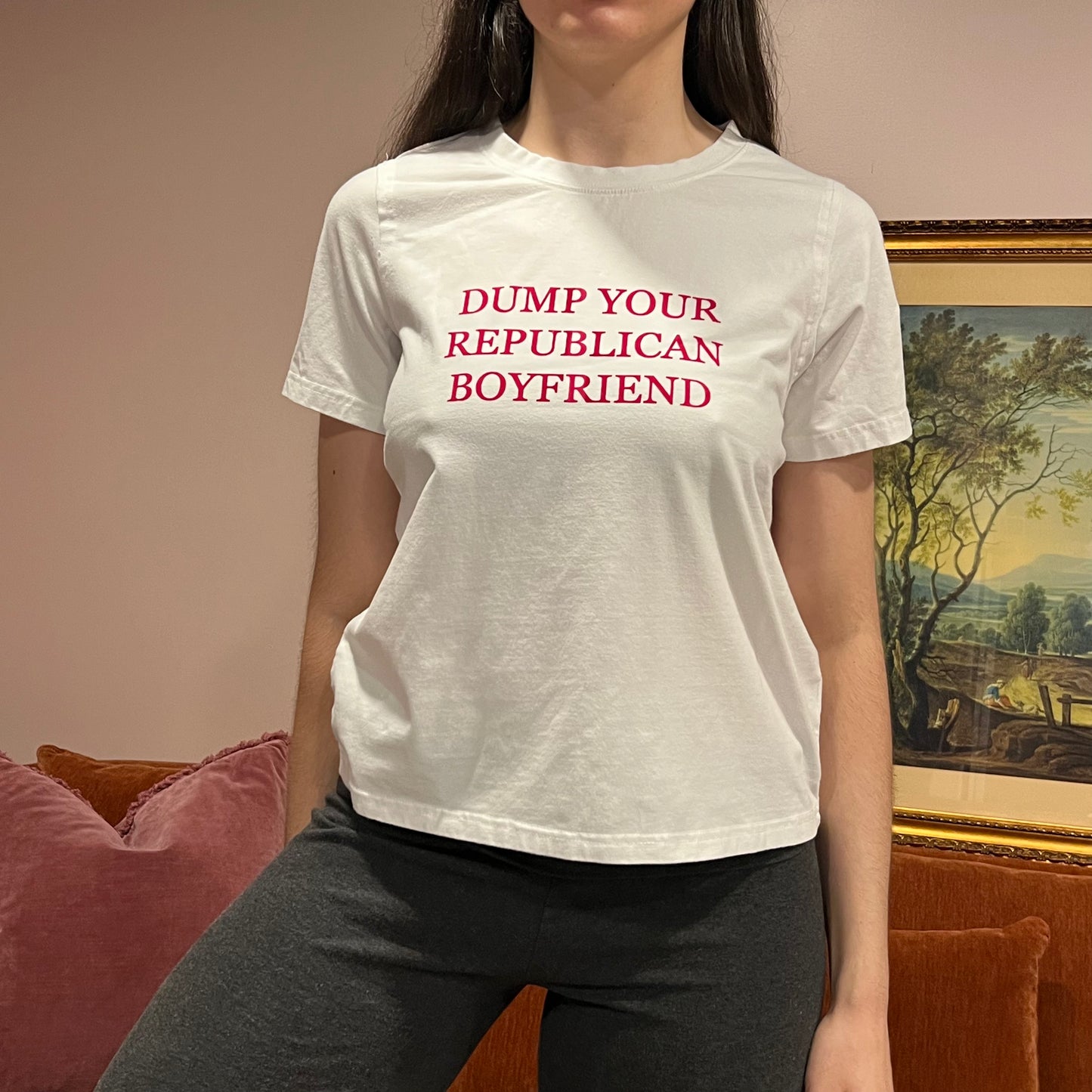 DUMP YOUR REPUBLICAN BOYFRIEND white t-shirt with red text (S)