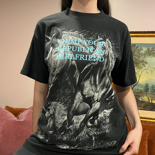 DUMP YOUR REPUBLICAN GIRLFRIEND horse t-shirt with blue text (L)