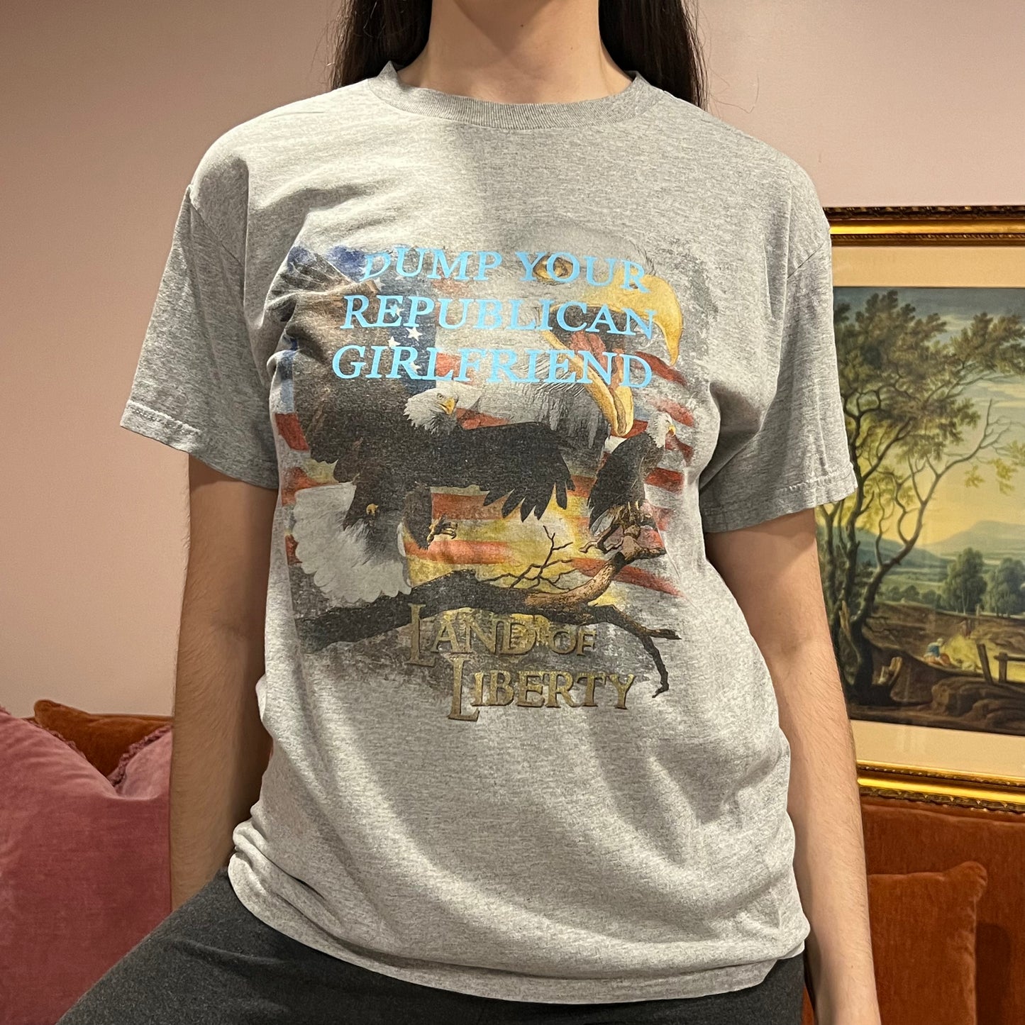 DUMP YOUR REPUBLICAN GIRLFRIEND eagle t-shirt with blue text (M)