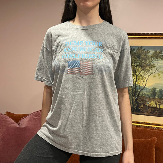 DUMP YOUR REPUBLICAN GIRLFRIEND eagle t-shirt with blue text (L)