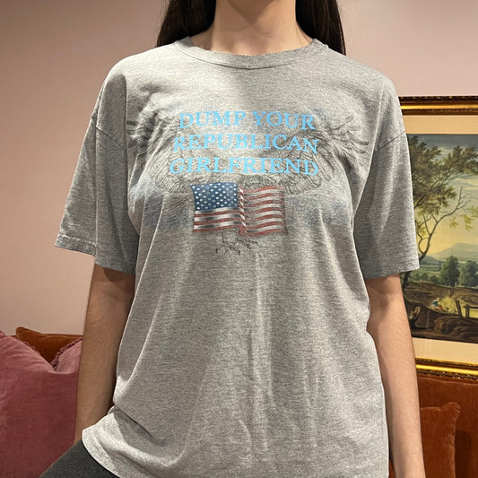 DUMP YOUR REPUBLICAN GIRLFRIEND eagle t-shirt with blue text (L)