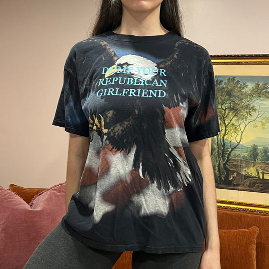 DUMP YOUR REPUBLICAN GIRLFRIEND eagle t-shirt with blue text (L)
