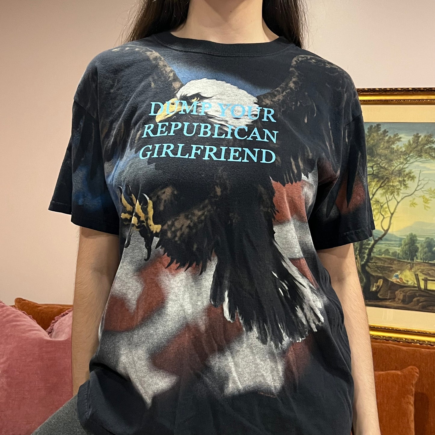 DUMP YOUR REPUBLICAN GIRLFRIEND eagle t-shirt with blue text (L)