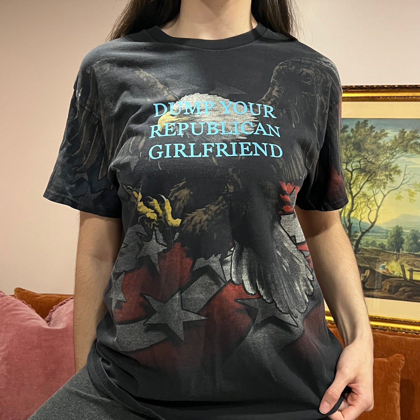 DUMP YOUR REPUBLICAN GIRLFRIEND eagle t-shirt with blue text (L)
