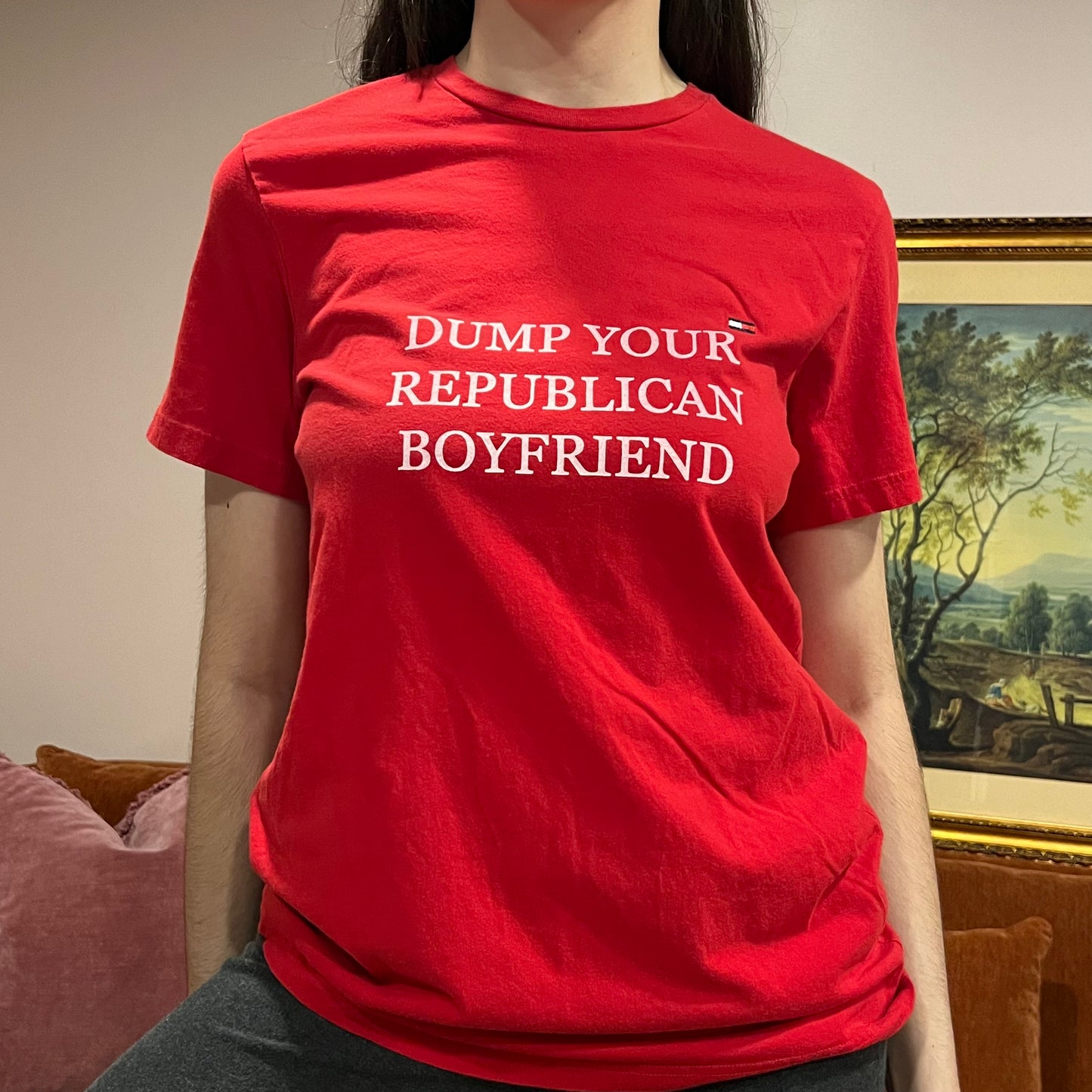 DUMP YOUR REPUBLICAN BOYFRIEND red t-shirt with white text (S)