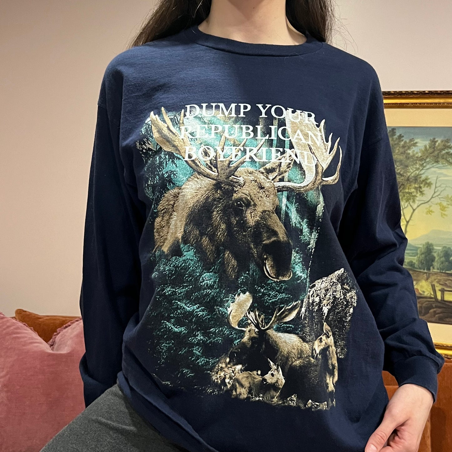 DUMP YOUR REPUBLICAN BOYFRIEND moose long sleeve t-shirt with white text (L)