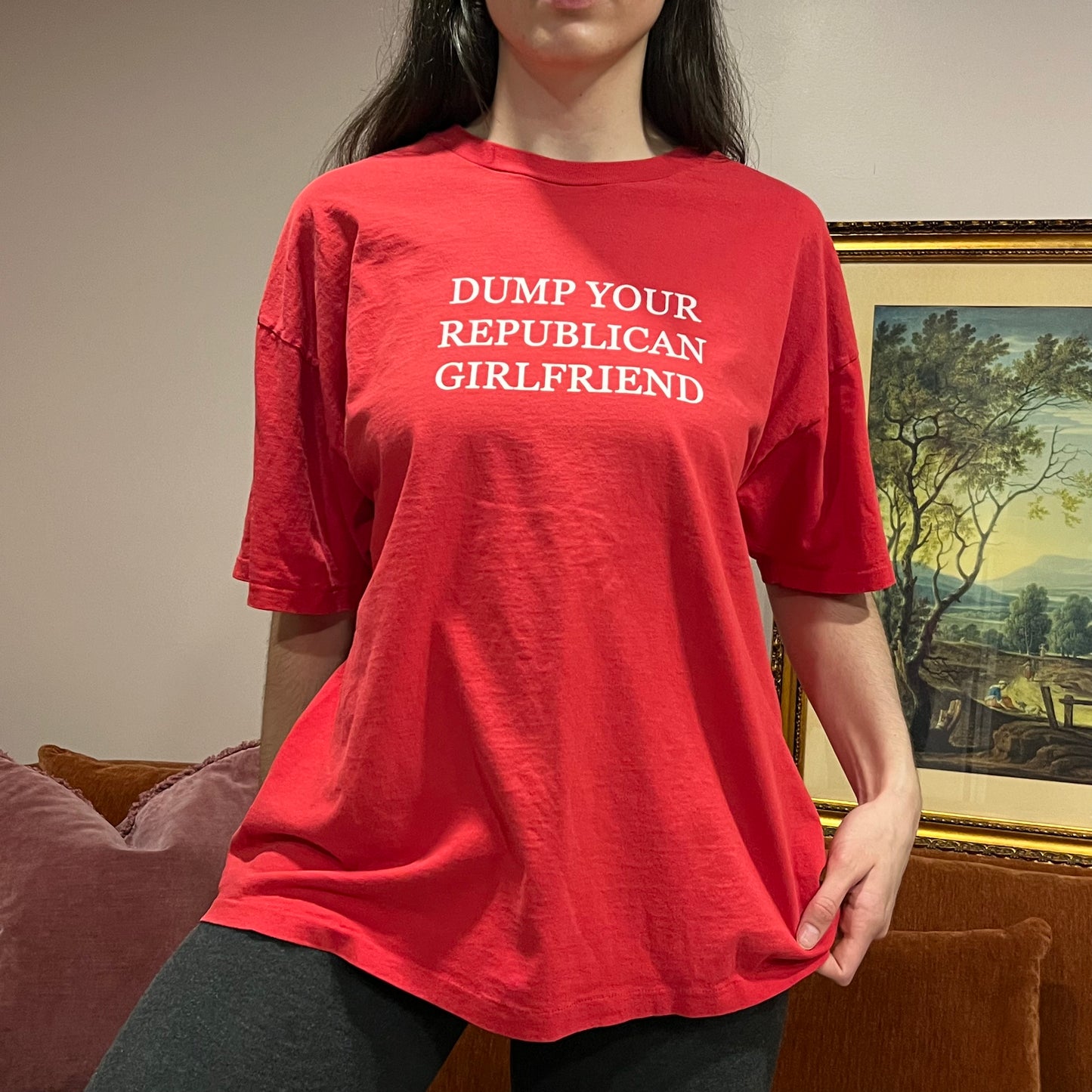 DUMP YOUR REPUBLICAN GIRLFRIEND red t-shirt with white text (XL)