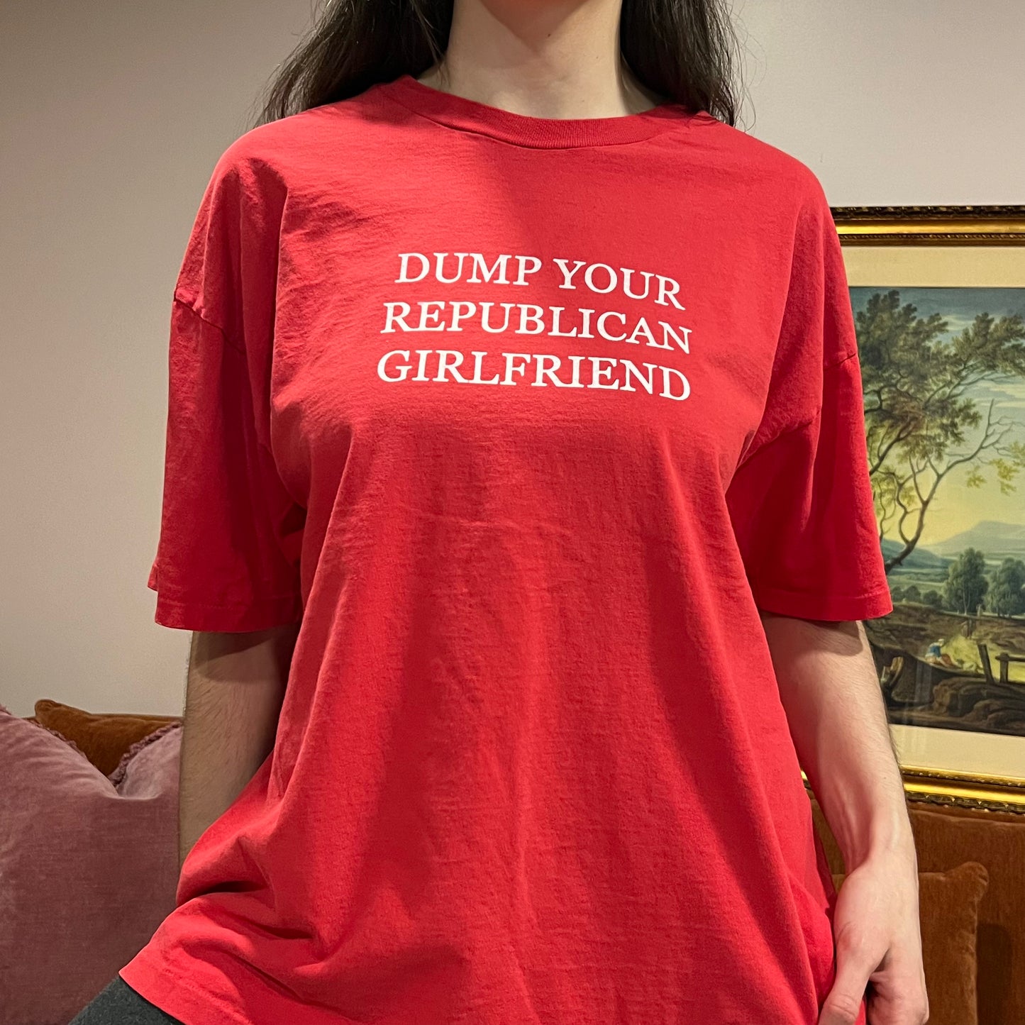 DUMP YOUR REPUBLICAN GIRLFRIEND red t-shirt with white text (XL)