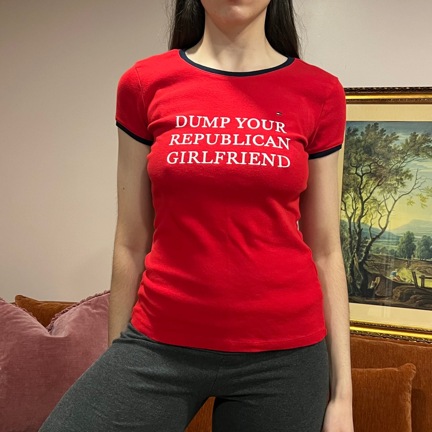 DUMP YOUR REPUBLICAN GIRLFRIEND red t-shirt with white text (L)