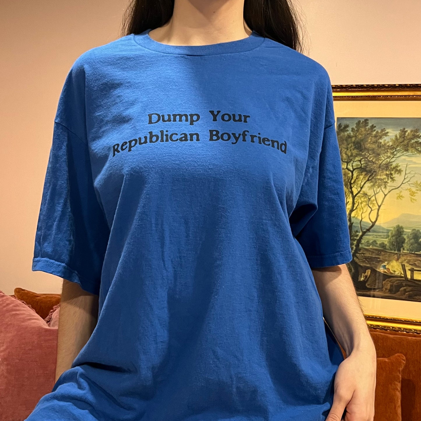 DUMP YOUR REPUBLICAN BOYFRIEND blue t-shirt with blue text (XL)