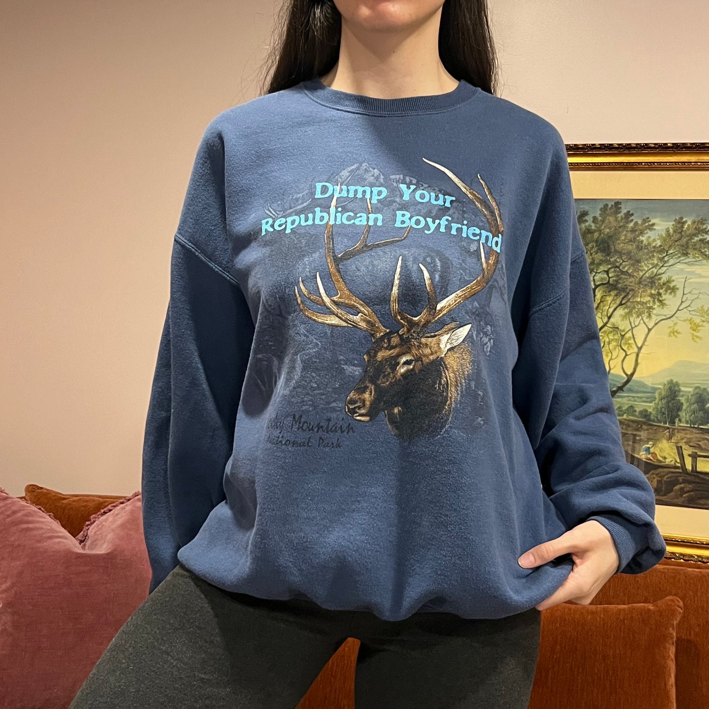 DUMP YOUR REPUBLICAN BOYFRIEND deer crewneck with blue text (XL)