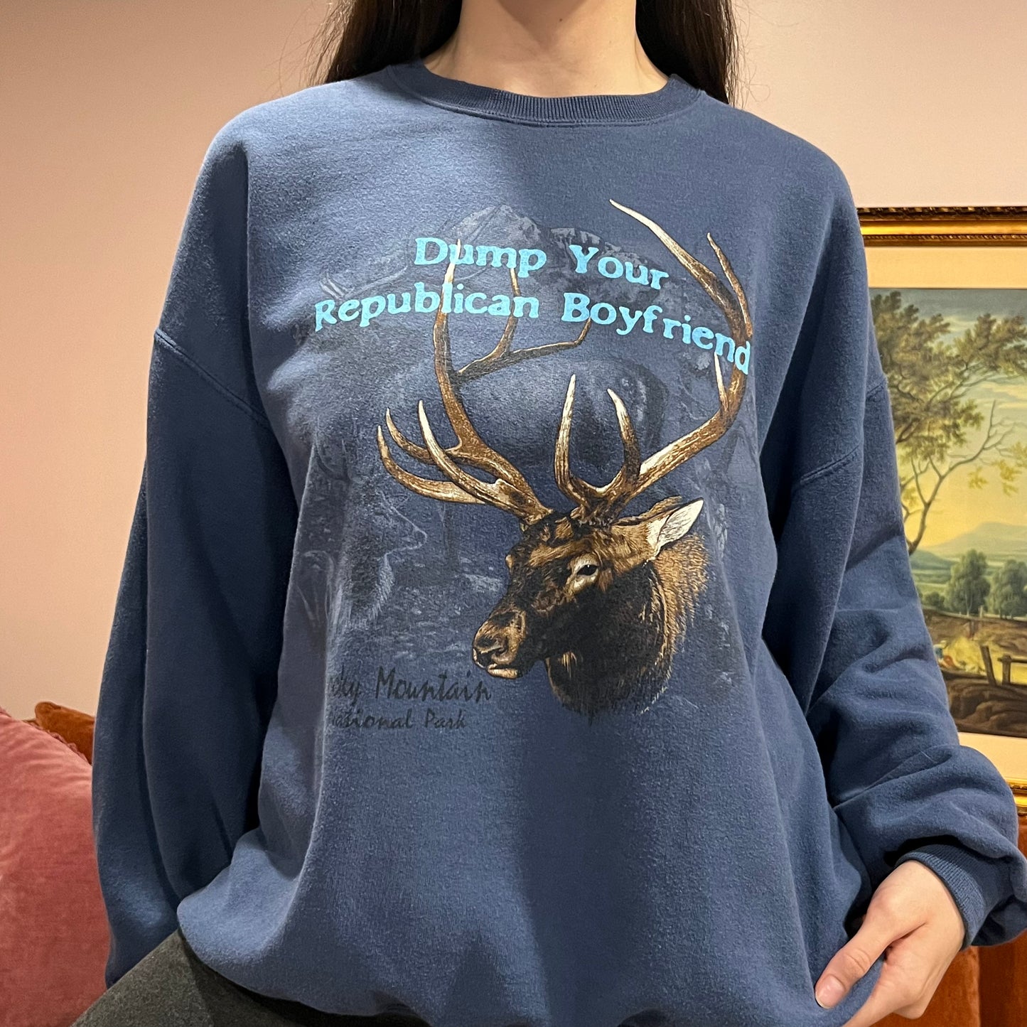 DUMP YOUR REPUBLICAN BOYFRIEND deer crewneck with blue text (XL)